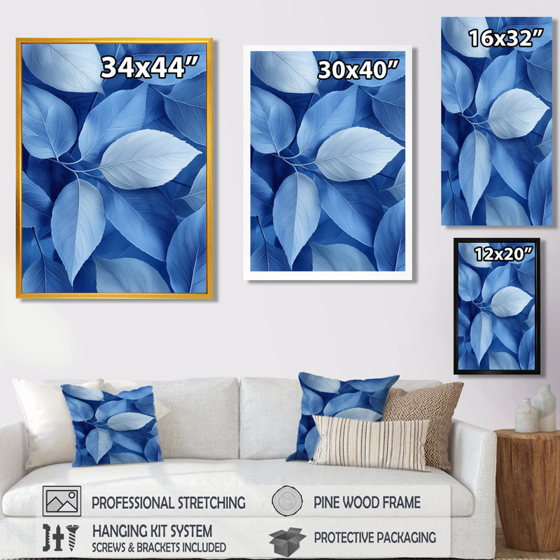Pervenche, feuilles de la simplicité bleue II - feuilles, art mural, H 32 po x l 16 po, Reproduction avec cadre flottant