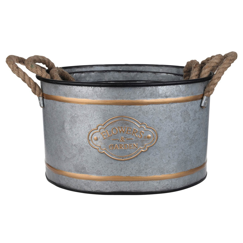 Metal Decorative Pot Collection Of 3 With Rope Handles And Gold Trim Piece, Cottage Aesthetic Look - Alike, Progressive Sizing For Nesting, 4.2 Lbs Pots Ornament Feature, Grey Multi Shade, Space