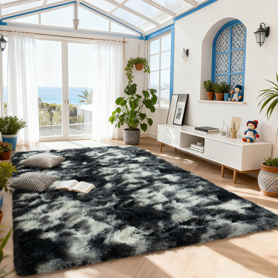 4x6 ft Tie-dyed Black White Shag Rug, Ideal for living room decor, Ultra-Soft Puffy Fluffy Rug for Bedroom Flooring, Aesthetic Carpets Suitable for Kids' Rooms, Dorms, and Home Decor
