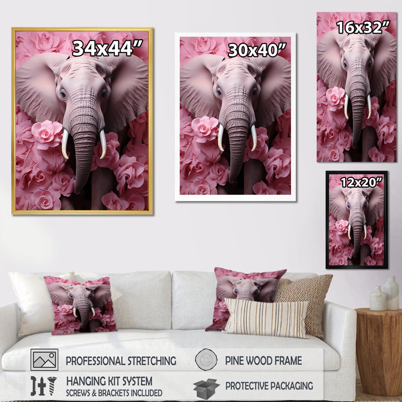 Rose romantique, éléphant I - éléphant, art mural, H 44 po x l 34 po x P 1,5 po, Cadre simple noir