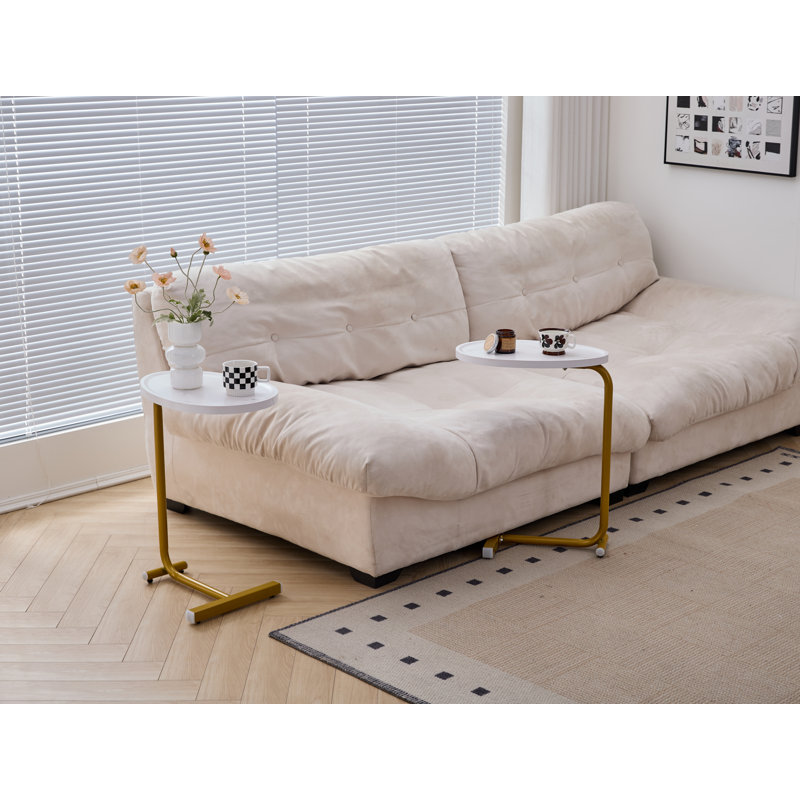 C Shaped End Table, Side Table for Couch and Bed, White Top/Gold Base