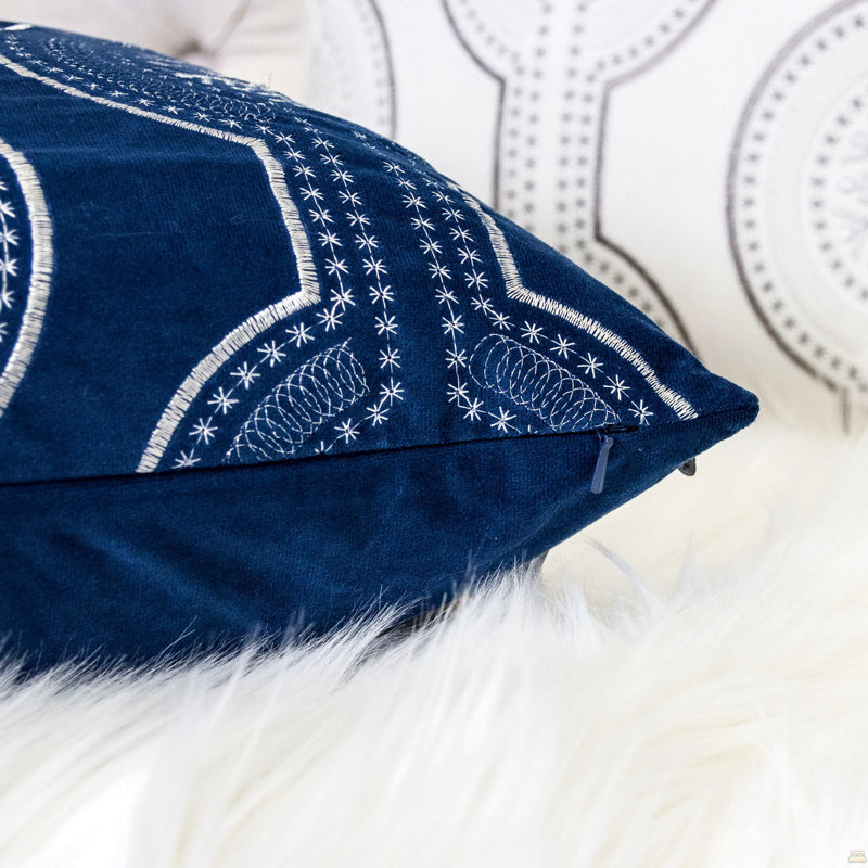 Coussin décoratif en velours avec broderie flocon de neige blanc, 20 x 20 avec insert, Simple, Bleu