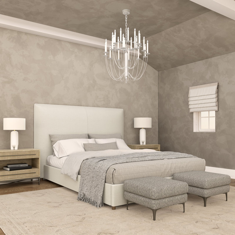 Mansfield Upholstered Bed, Queen, Box Weave Linen Alabaster, Dark Brown