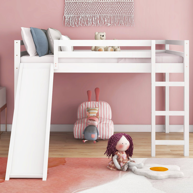 Lit mezzanine blanc avec glissade structurée fiable en bois massif