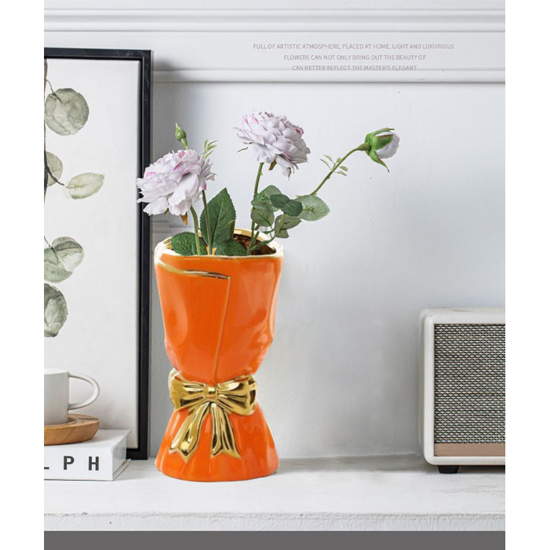 Vase d'arc, vases à fleurs pour décoration de table, Orange ; doré, 9.65"