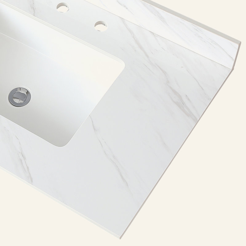 37 Inch Marble Vanity Top, White Vanity Top With Pre-Drilled Faucet Holes, Bathroom Vanity Top With Undermount Rectangular Middle Sink And 4" Height Backsplash,  Bianco Carrara Venato