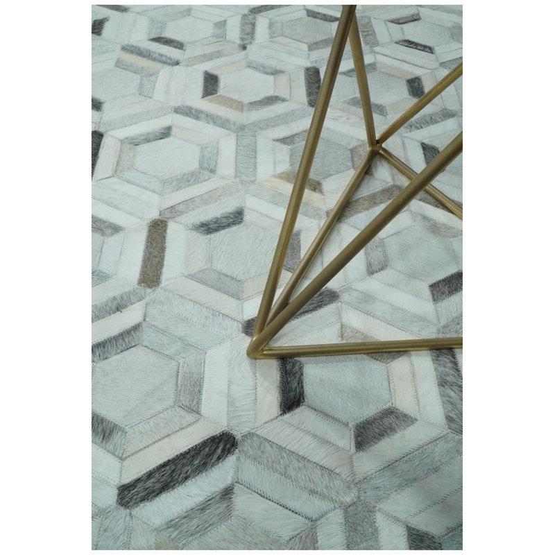 Tapis géométrique en cuir tissé à plat à la main Fredegaest blanc et gris, Rectangle 9 pi x 12 pi
