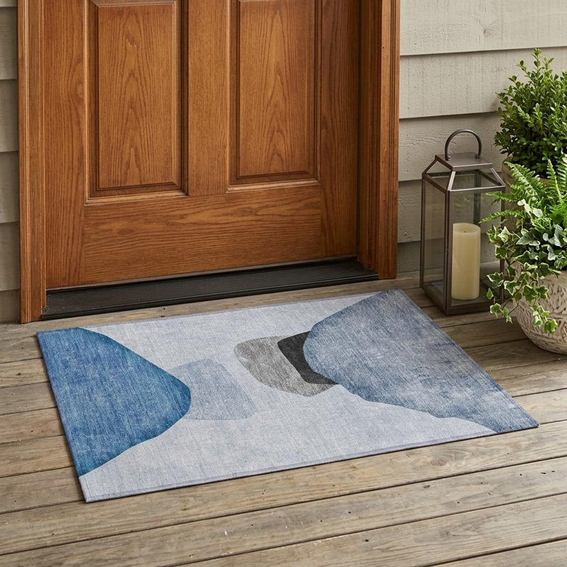 2' X 3' Blue Gray and Black Abstract Washable Non Skid Indoor Outdoor Area Rug