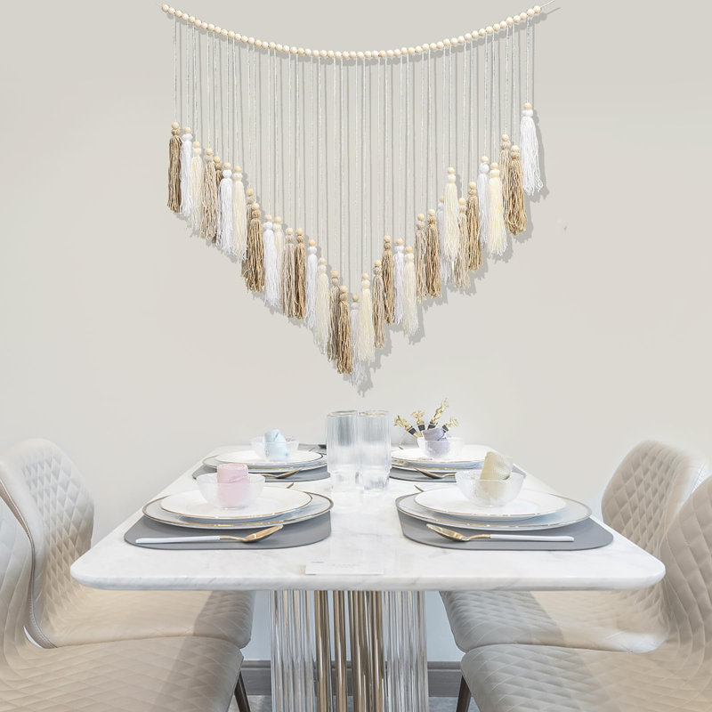 Décoration murale macramé Haning, décoration murale pompon Boho, Crème / beige