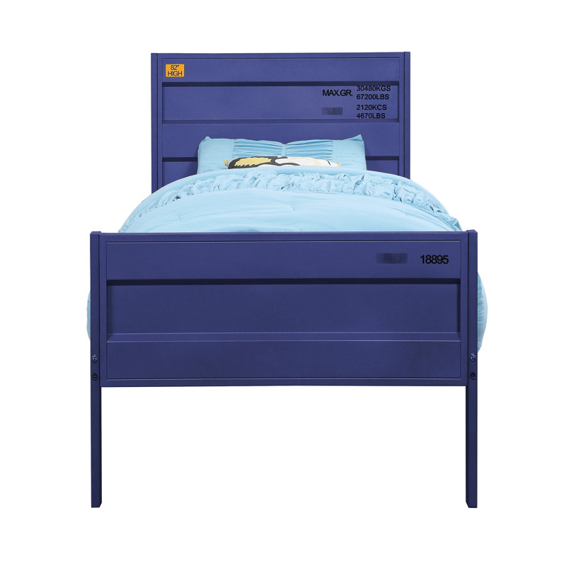 Lit simple à structure bleue en métal avec un design contemporain et une plateforme de confort de chambre à coucher