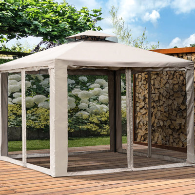 Abri de jardin 9,6 pi avec 2 toits et filets, structure en acier, auvent de jardin, pelouse, cour, terrasse, taupe, abri de jardin compact, filet. Protection, structure. Spacieux et coupe-vent