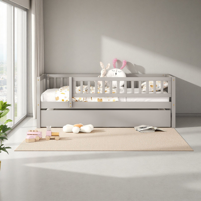 Twin Size Wood Daybed With Trundle And Fence Guardrails, Gray