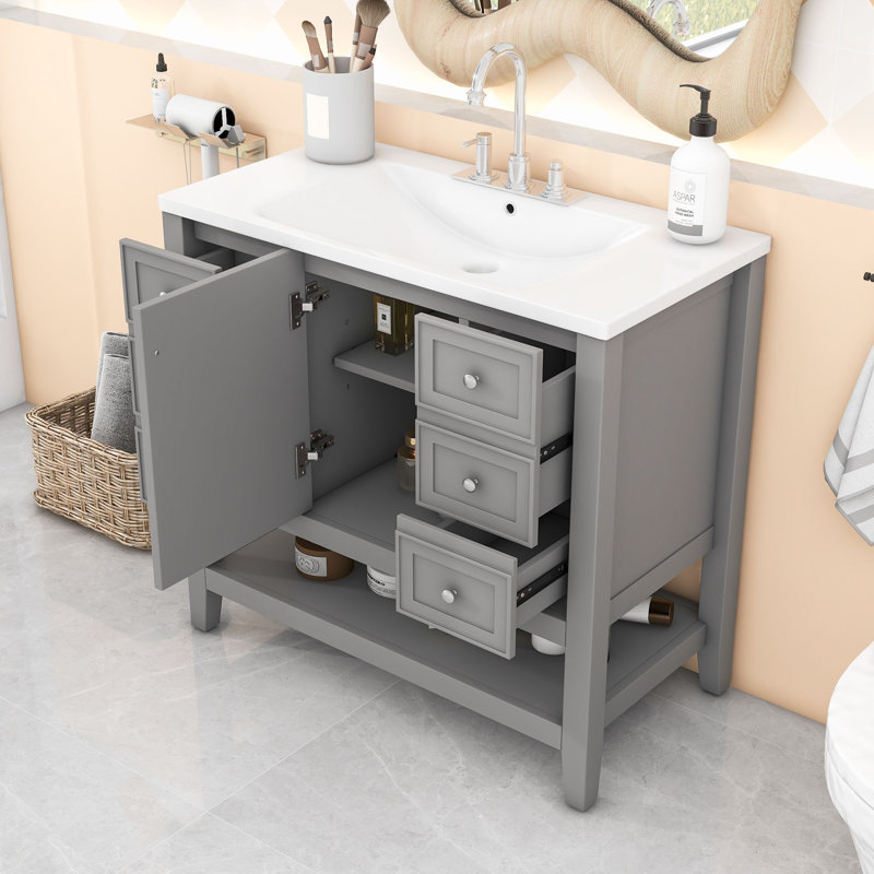 Meuble-lavabo avec une armoire et trois tiroirs, Gris