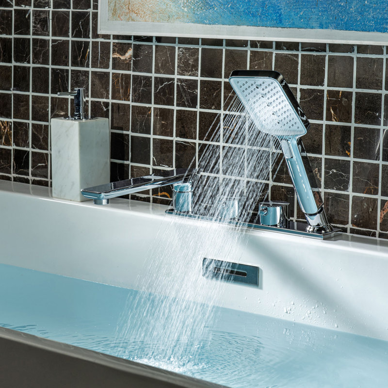 Widespread Deck Mount Roman Tub Faucet With Hand Shower, Two-Handle 4-Holes Bathtub Shower Faucet Set, Chrome