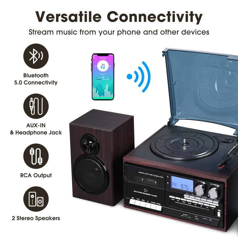 Yescom Vinyl Record Player with Speakers Turntable Bluetooth Tape Cassette CD Player Retro