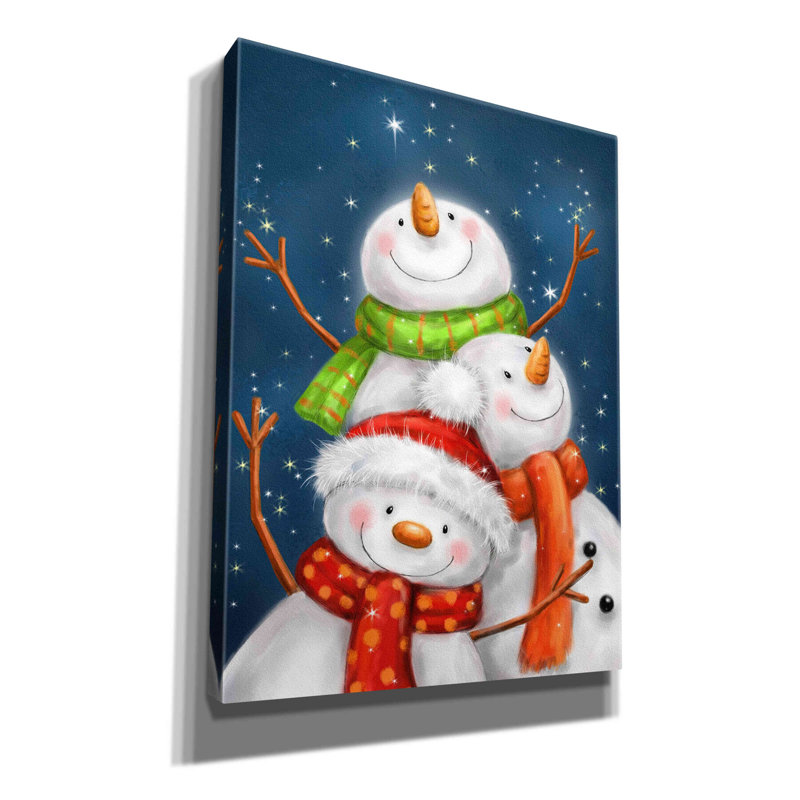 Trois bonhommes de neige fond bleu par Makiko - reproduction d'art sur toile tendue, H 16 po x l 12 po x P 0,75 po