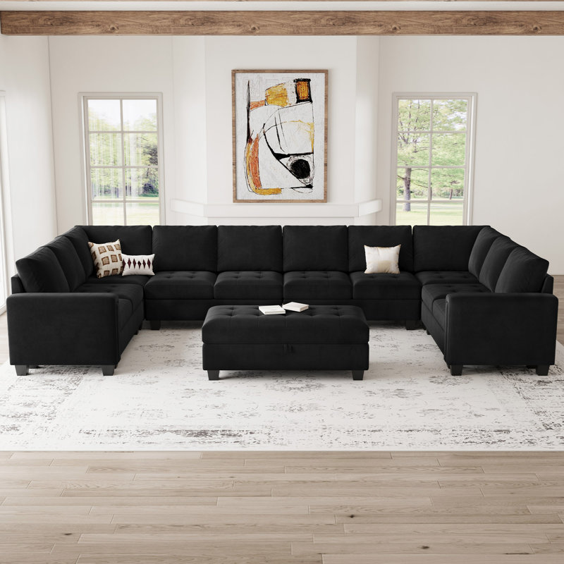 Shavera 155.8" W Velvet Upholstered 8-Person Sectional with Ottoman, Black Velvet