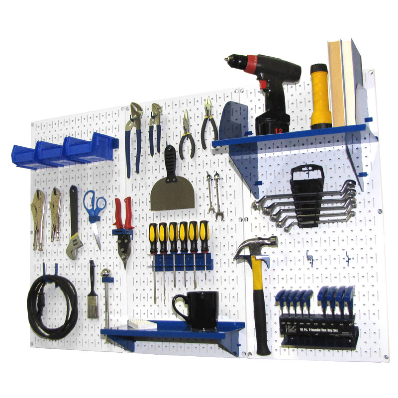 Ensemble de panneau perforé de rangement pour outils standard H 32 po x 48 po, Blanc et bleu