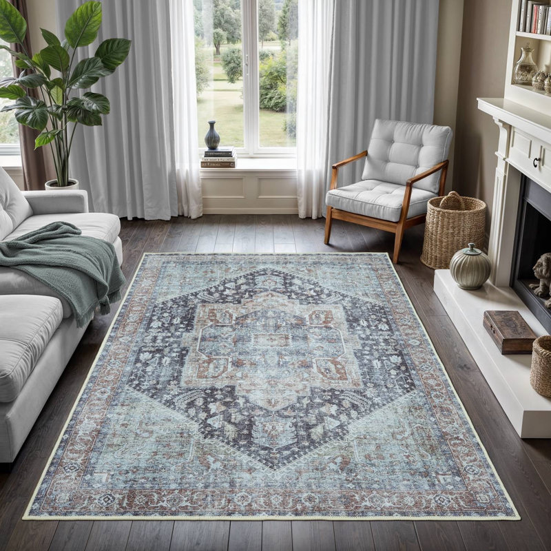 GLN Rugs Vintage Collection - Machine Washable Area Rug, Vintage Washable Rug, Non Slip Area Rug, Low Pile Living Room Rug, Bedroom Rug, Bathroom Rug - Easy Clean (Brown and Gray Area Rug)