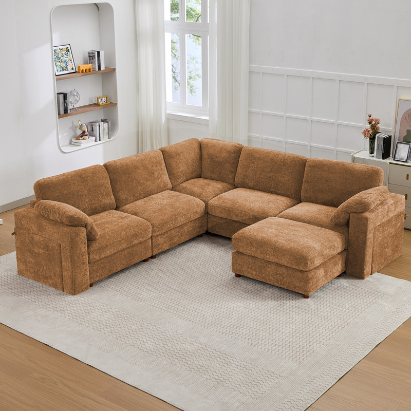 6 - Piece Teddy Corner Sectional Sofa, 5-Seater Modular Couch with 1 Ottoman and 2 Storage Side Tables, Orange Teddy