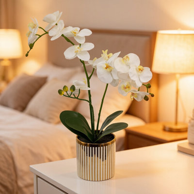 20.5 Inch Artificial White Orchid in Gold Striped Ceramic Pot Faux Phalaenopsis Plant for Tabletop, Shelf Home Decor