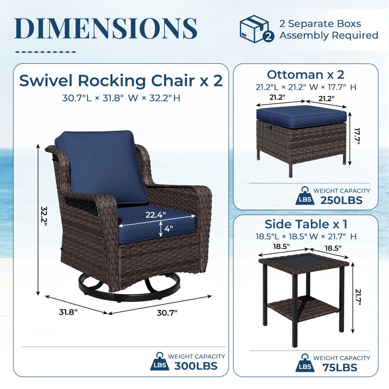 5-Piece Patio PE Wicker Outdoor Set with Side Table,Swivel Chairs,Ottomans & Blue Cushions, Blue