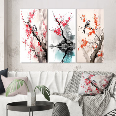 Asian Art Sumi Bird Serenity - Ensemble d'art asiatique de 3 pièces
