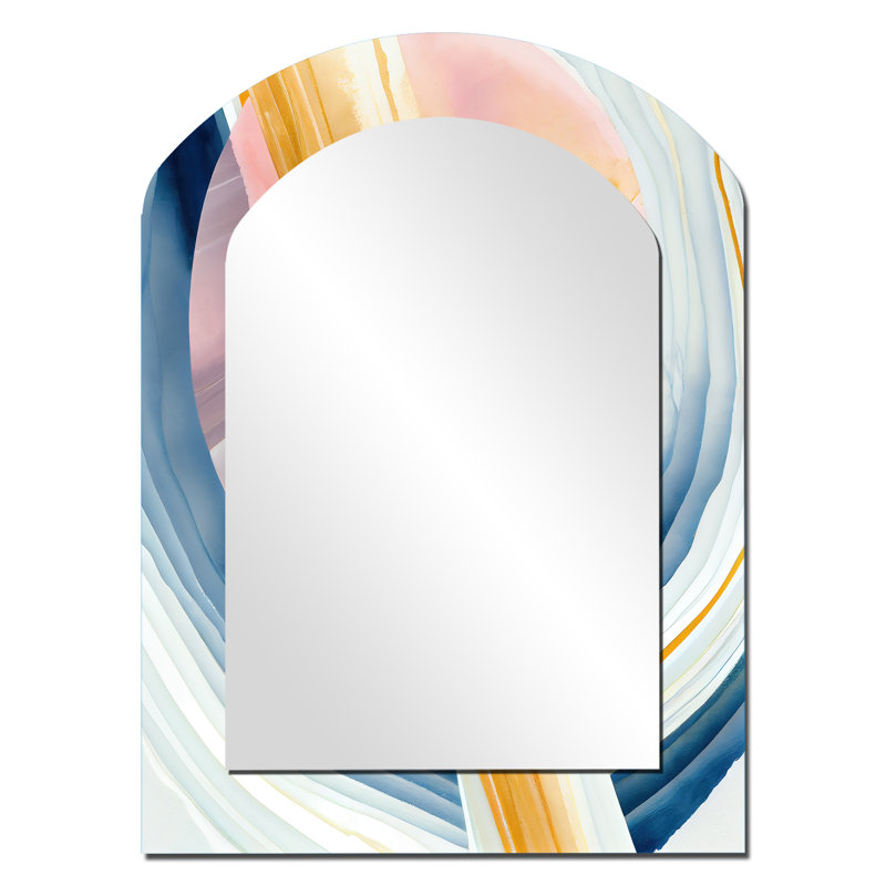 Wide Golden Brush Stroke I - Abstract Spirals Asymmetrical Unique Wall Mirror, Modern Arch Mirror, Printed Metal Art