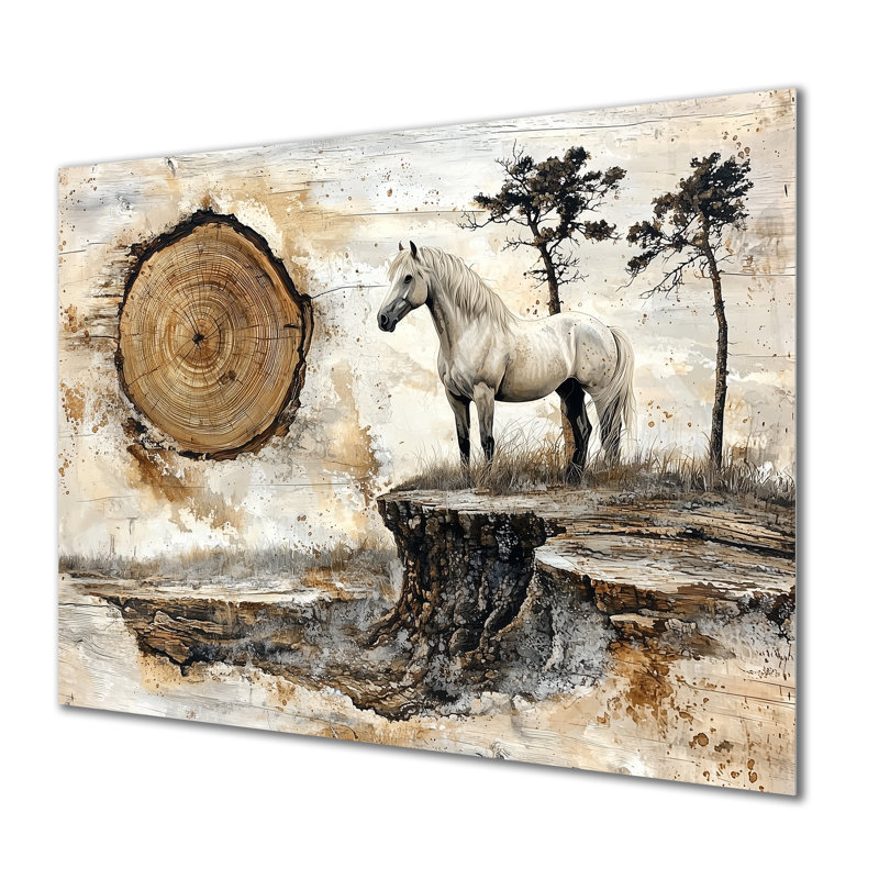 Cheval en bois au lever du soleil de l'horizon II - impression de cheval sur métal, H 34 po x l 44 po