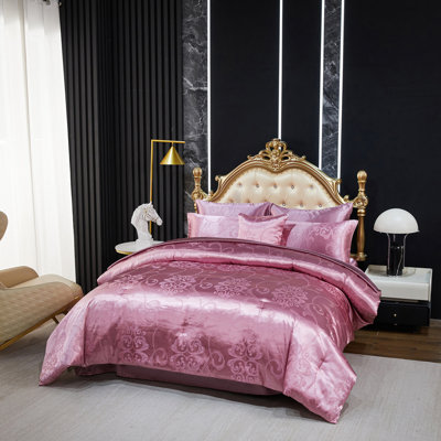 Ensemble d'édredon jacquard pour grand lit avec draps en satin rose rosé 8 pièces Royal broderie néo-classique floral