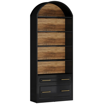 Elegant Arch Design Five - Shelf Bookcase With Spacious Storage For Books And Documents, Ideal Living Room Bedroom, Particleboard Two Tone Color Arched Filing Cabinet Drawer, Suitable Modern Decor,