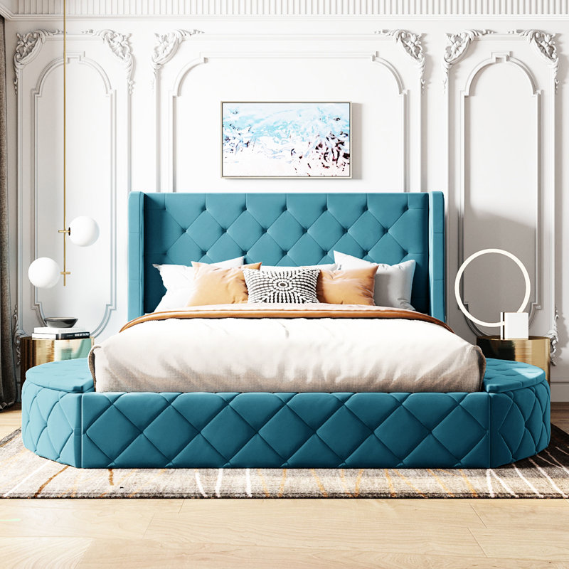 Upholstered Platform Bed With Wingback Headboard And Drawer, Blue
