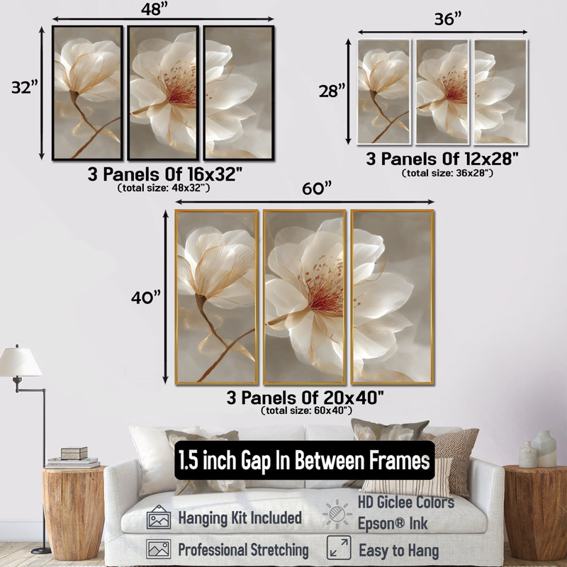 Délicat Magnolia doré - ensemble d'art mural Magnolias, H 40 po x l 60 po, Reproduction avec cadre flottant, Doré
