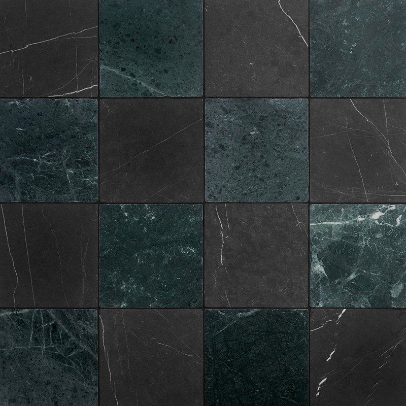 Ornate Checkerboard 12 In. X 12 In. Tumbled Marble Checkerboard Floor And Wall Tile (20 Sq. Ft. / Case), Nero and Verde