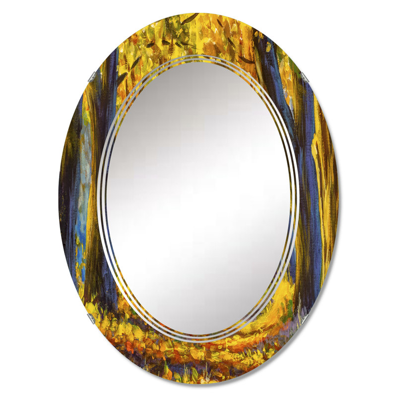 Arbre d'automne doré dans le paysage naturel de l'allée du parc - miroir mural traditionnel ovale, 30 po x 20 po