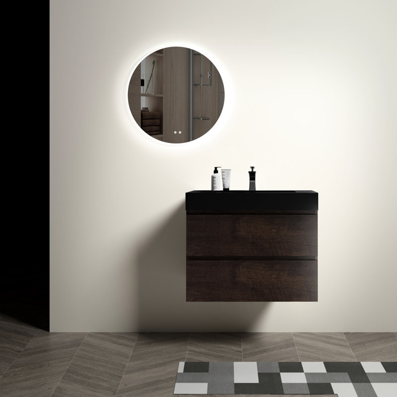 Meuble-lavabo moderne en noyer - grand rangement, lavabo noir inclus et noir, tiroirs, poignée, Walnut, Black