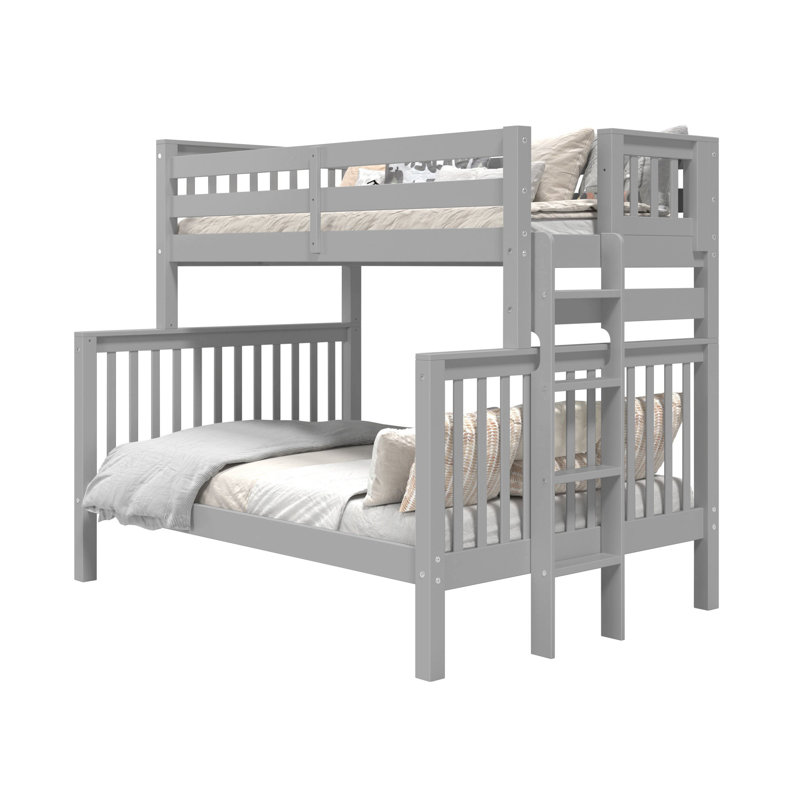 Treva Solid Wood Standard Bunk Beds Twin over Full, 4 Step Ladder, Gray, Gray, Twin over Full