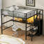 Lit mezzanine double en métal noir avec bureau, escalier de rangement, petite armoire et 7 couleurs à DEL, espace élégant de taille compacte, livré avec
