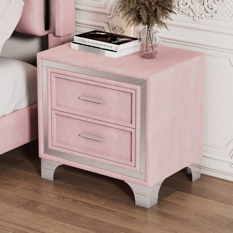2 tables de chevet avec dessus en velours rose - pieds en métal, chambre à coucher, 2 tiroirs de rangement, Rose