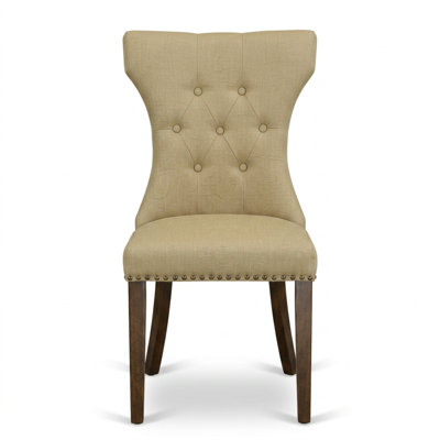 Walnut Brown Linen Rubber Wood Fabric Round Dining Table Set Pedestal Base Button Tufted Back Nailhead Trim