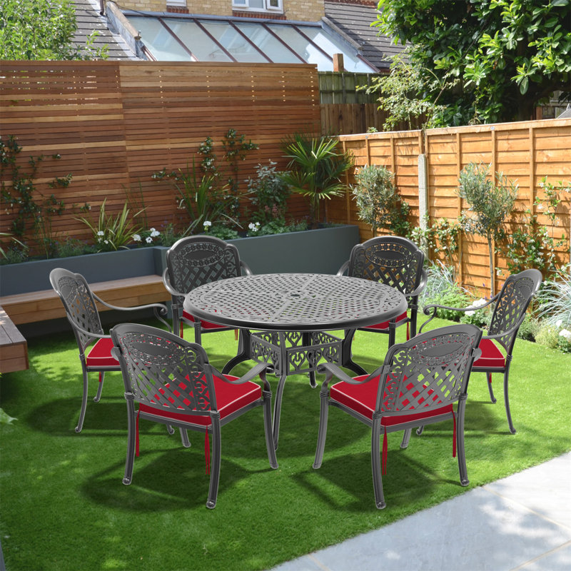 Ensemble de 7 pièces de mobilier de patio en aluminium coulé avec coussins rouges (Identique à: W1710S00554)