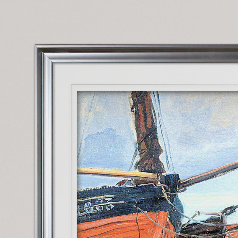 « bateau on the beach », reproduction de peinture à l’acrylique, H 31 po x l 43 po x P 1,5 po, Cadre argenté