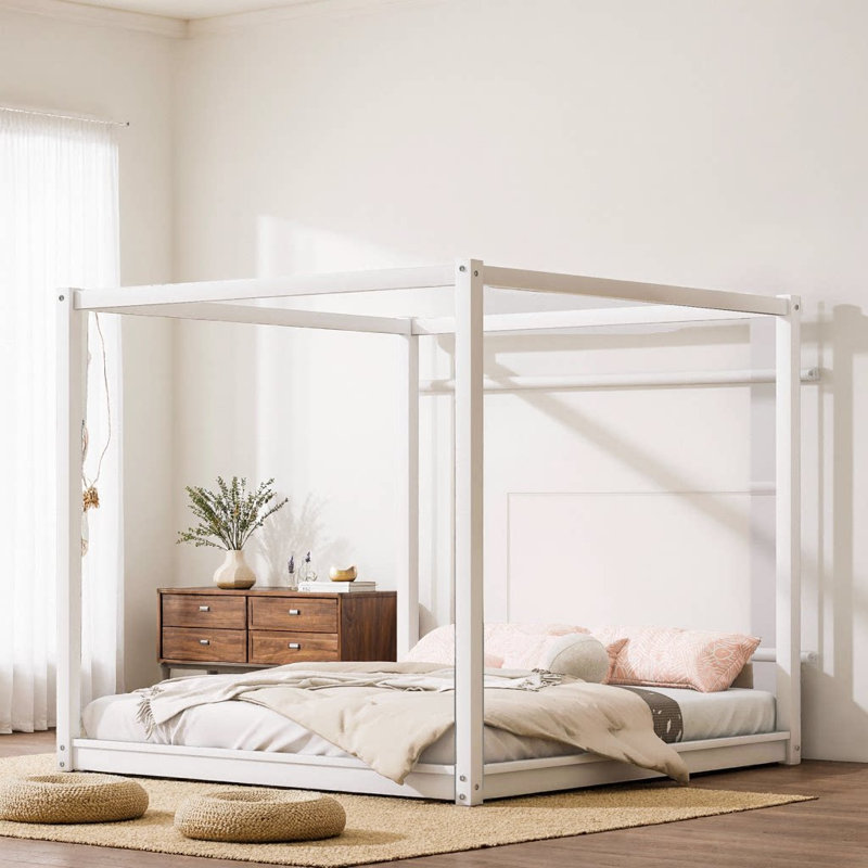 Lit plateforme à baldaquin très grand moderne blanc avec pieds de support - Bois de pin et panneau de fibres à densité moyenne