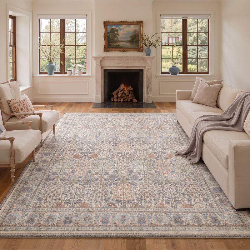 Tapis vintage à motifs floraux, lavable à la machine, ivoire, bleu et beige, style botanique vieilli, antidérapant.