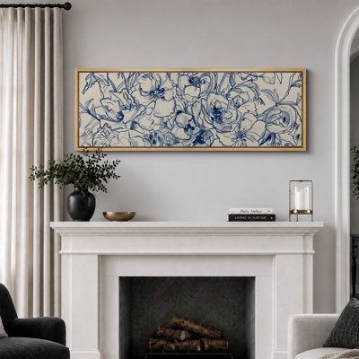 Navy Blue Abstract Flower Artwork Modern Boho Extra Large Pictures Framed Canvas Print Wall Art