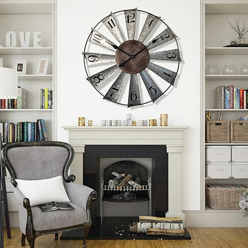 24Inch Windmill Distressed Metal Wall Clocks Rustic Large Decorative Clock Oversized Farmhouse Decor,Non Ticking,Battery Operated