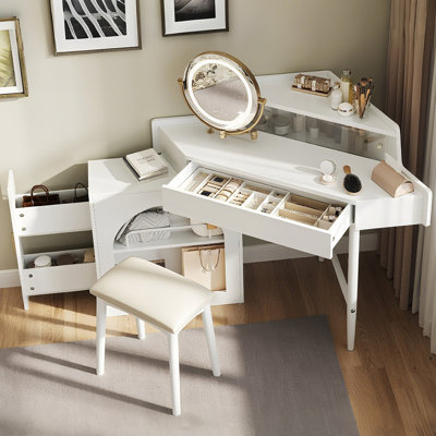 Corner Makeup Vanity Desk With Mirror & LED Lights, Modern Vanity Set With Mirror And Stool, Dressing Table With Large Storage For Small Place, Bright