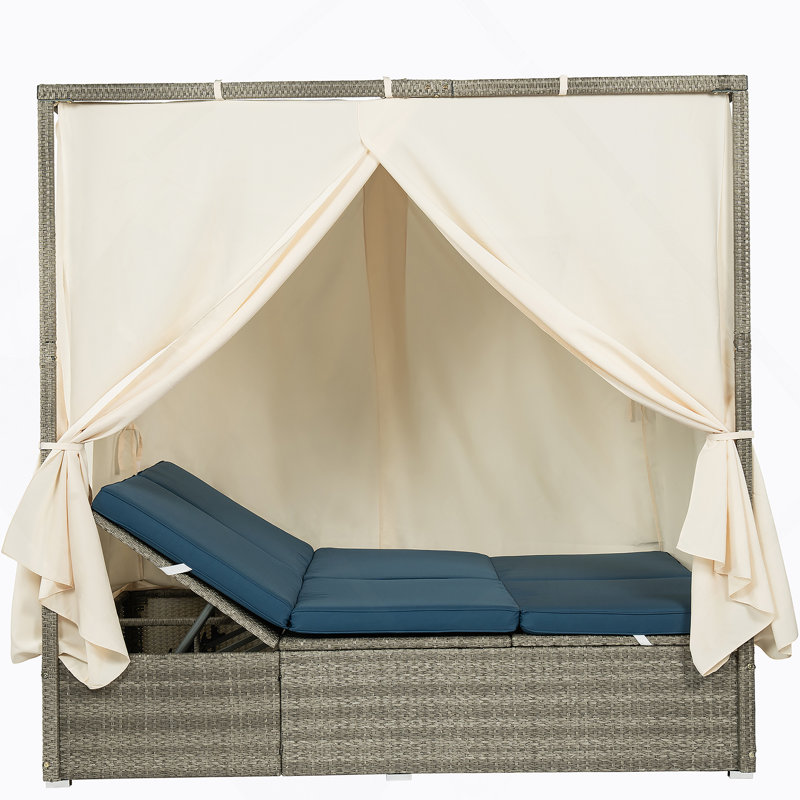 Adjustable Outdoor Sun Lounger With Canopy, Removable Cushion For Patio, Garden And Poolside, Dark Blue