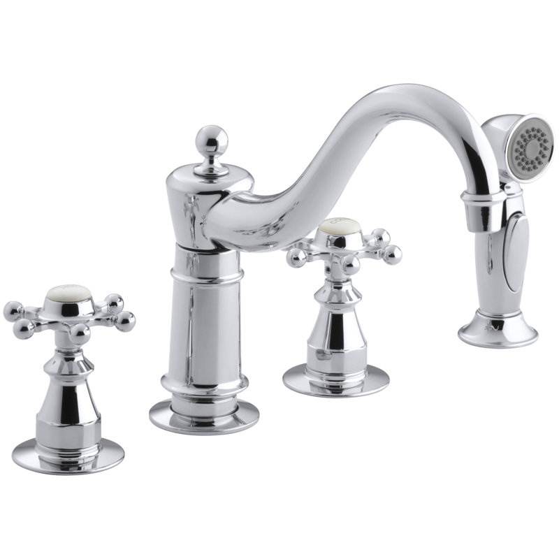 Antique Three-Hole Kitchen Sink Faucet with 8-5/8" Spout, Sidespray , Vibrant Polished Brass, Cross Handle