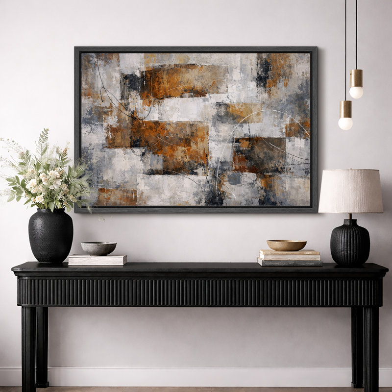 Œuvre d'art abstrait géométrique gris rustique, photos de salon industriel, impression sur toile encadrée, Cadre noir